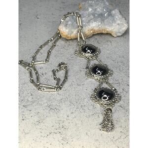 Vintage Hobe Silvertone Necklace Art Deco Tassel black round layering Victorian
